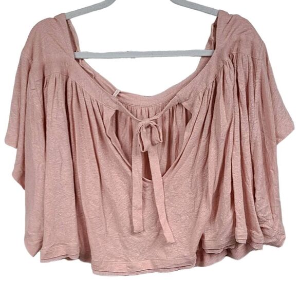 Free People NWT Pink Linen Oversized Tee Strawberry Crop Top Bow Tie Back Blouse - Picture 3 of 12